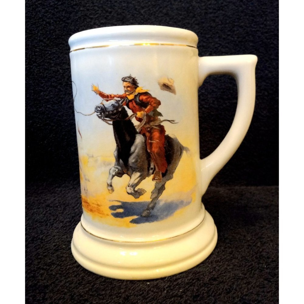 3/10 Western Cowboy Roping Large Ceramic Tankard Beer Display Ranch Farm